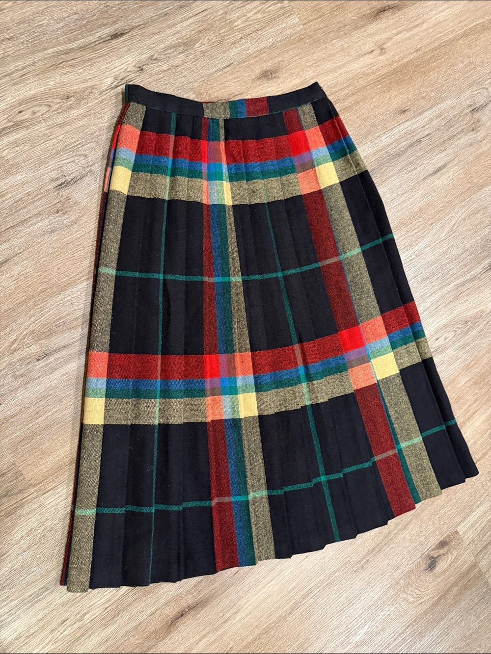 Vintage Russ Black Pleated Midi Skirt Red, Green and Yellow Plaid union made